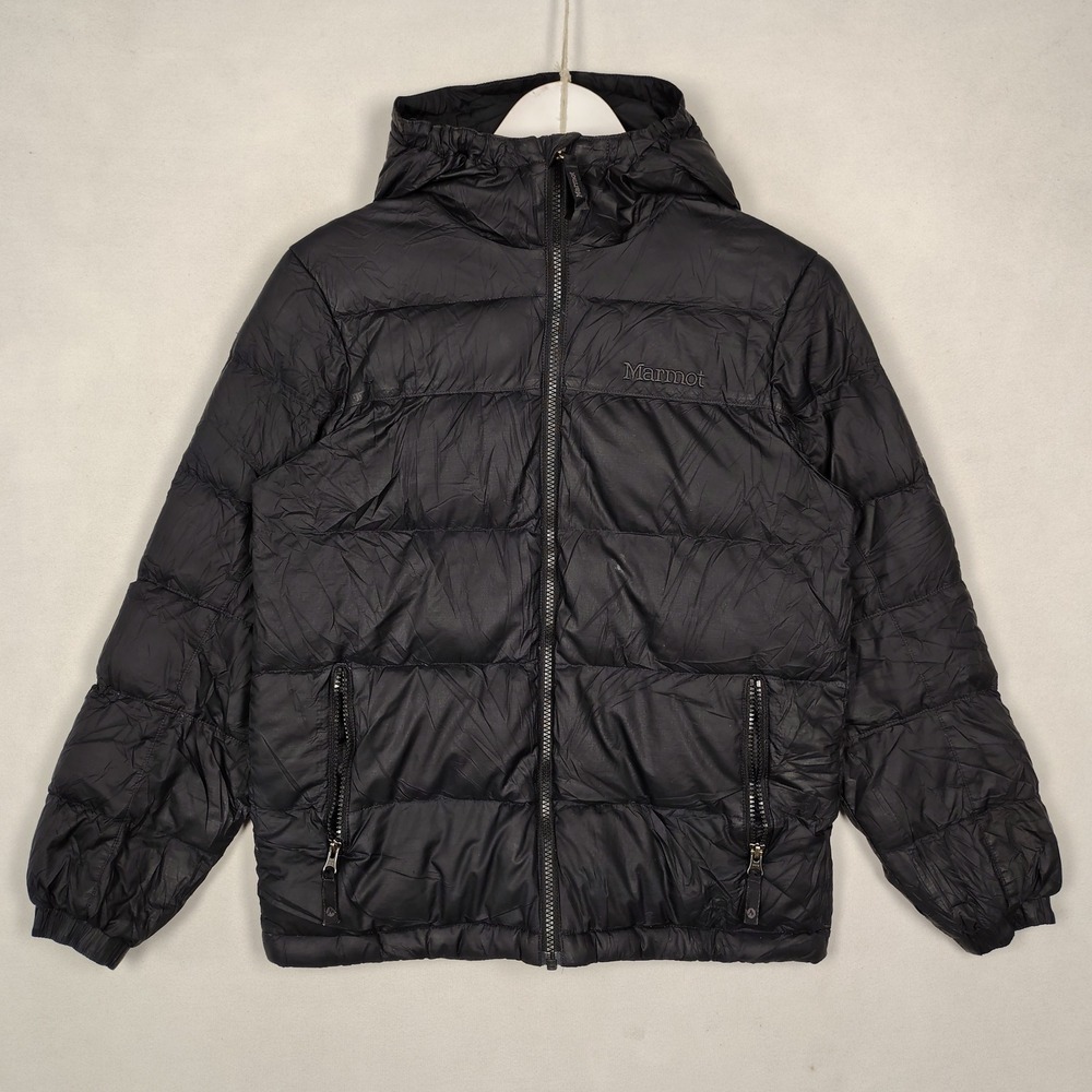 Marmot 700 Fill Down Puffer Jacket Black Hooded Quilted Coat Large L/G